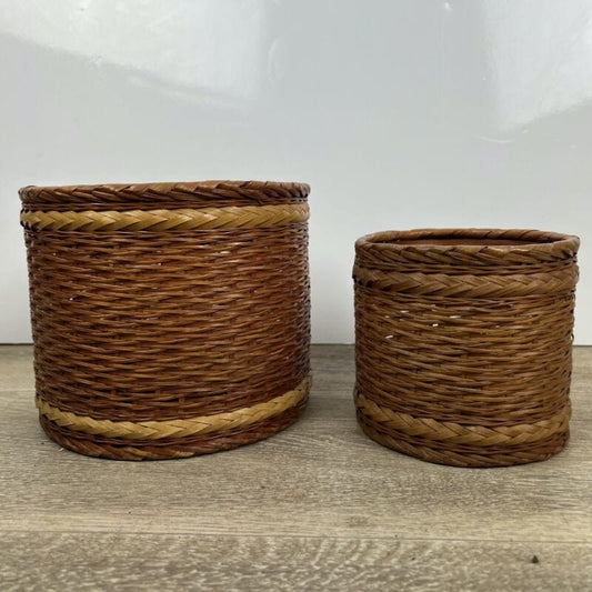 Coppia Cestini in Vimini Giunco intrecciato vintage cesta Contenitori rotondi Categoria Vintage