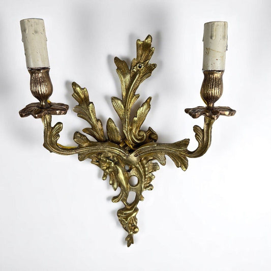 Coppia di Antiche di Applique in ottone bronzo a due fiamme luci Lampade da muro Categoria Lampade Appliques