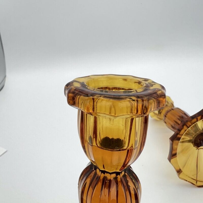 Coppia di Candelieri antichi in vetro molato Ambra Porta Candela Candelabro deco Categoria Vetri e Cristalli