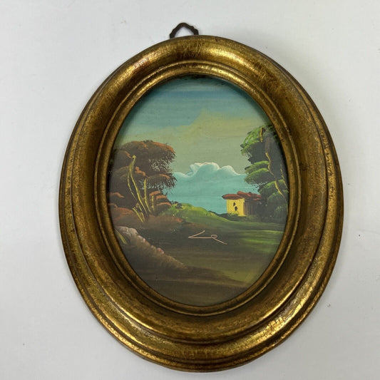 Coppia di quadretti antichi miniature ovali dipinti olio su rame paesaggio Categoria Quadri