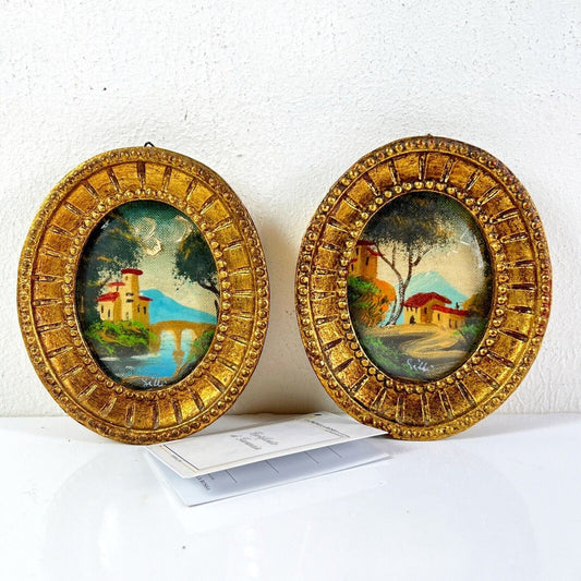 Coppia di quadretti antichi miniature ovali dipinti paesaggio cornici legno oro Categoria Quadri