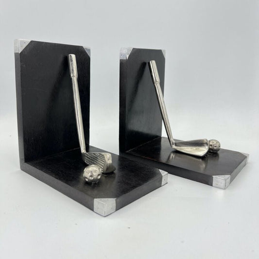 Coppia di reggilibri fermalibri in legno nero vintage reggi libri Mazza da Golf Categoria Accessori scrivania e ufficio