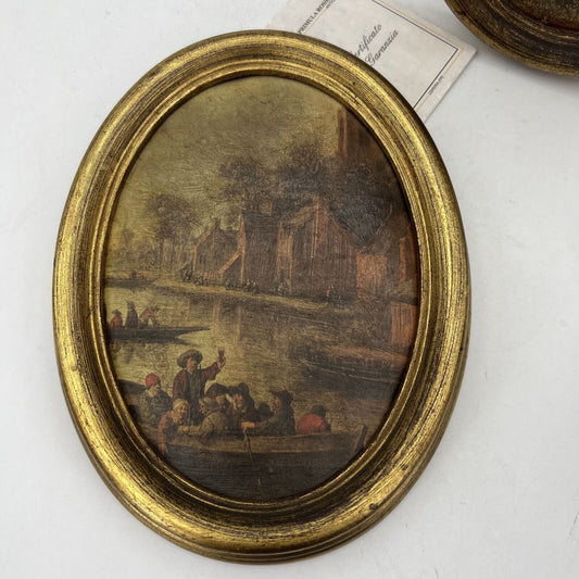 Coppia quadretti antichi miniature ovali paesaggio cornici legno dorato Stampe Categoria Quadri