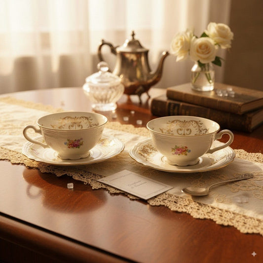 Coppia tazza da tè the antica con piattino in porcellana vintage Bavaria fiori Categoria Servizio tazze - Tazze