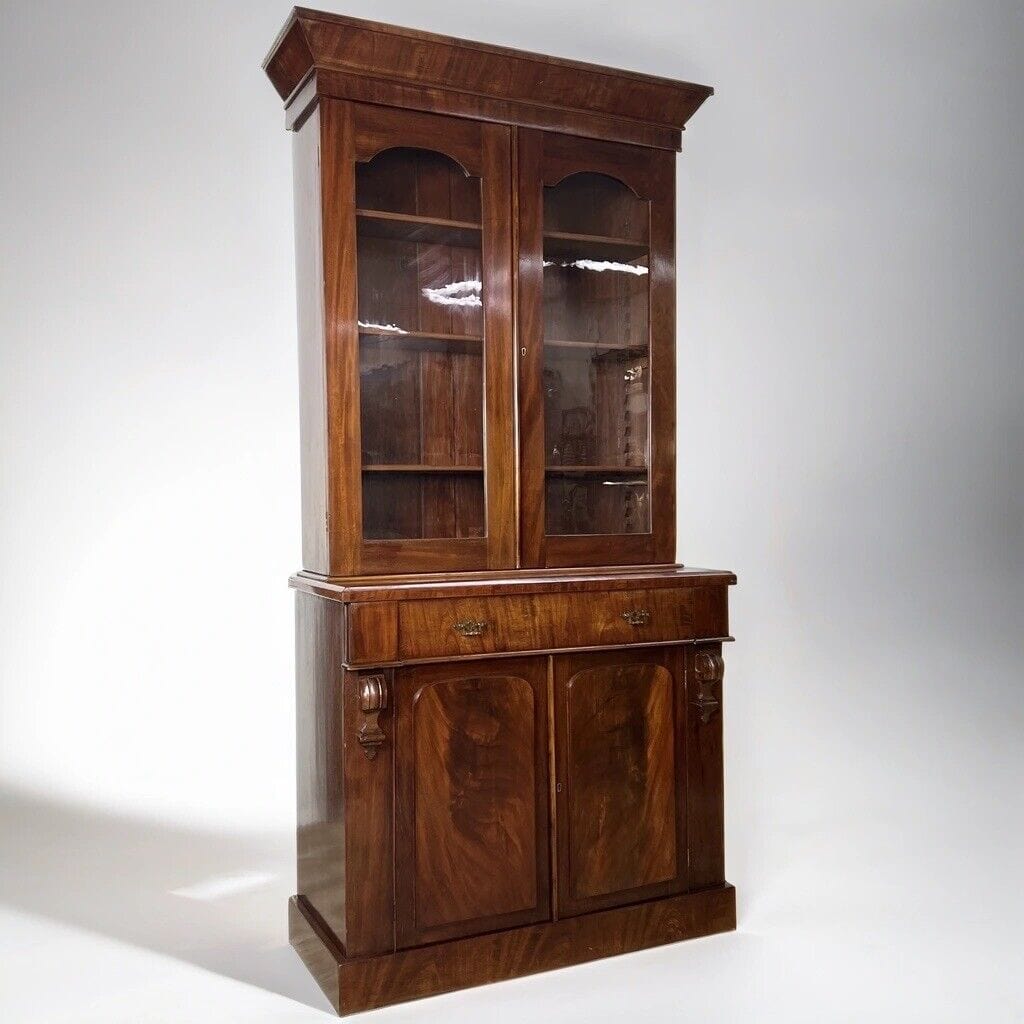Credenza antica mobile libreria vetrina d'epoca 800 inglese in legno di mogano Categoria Vetrine