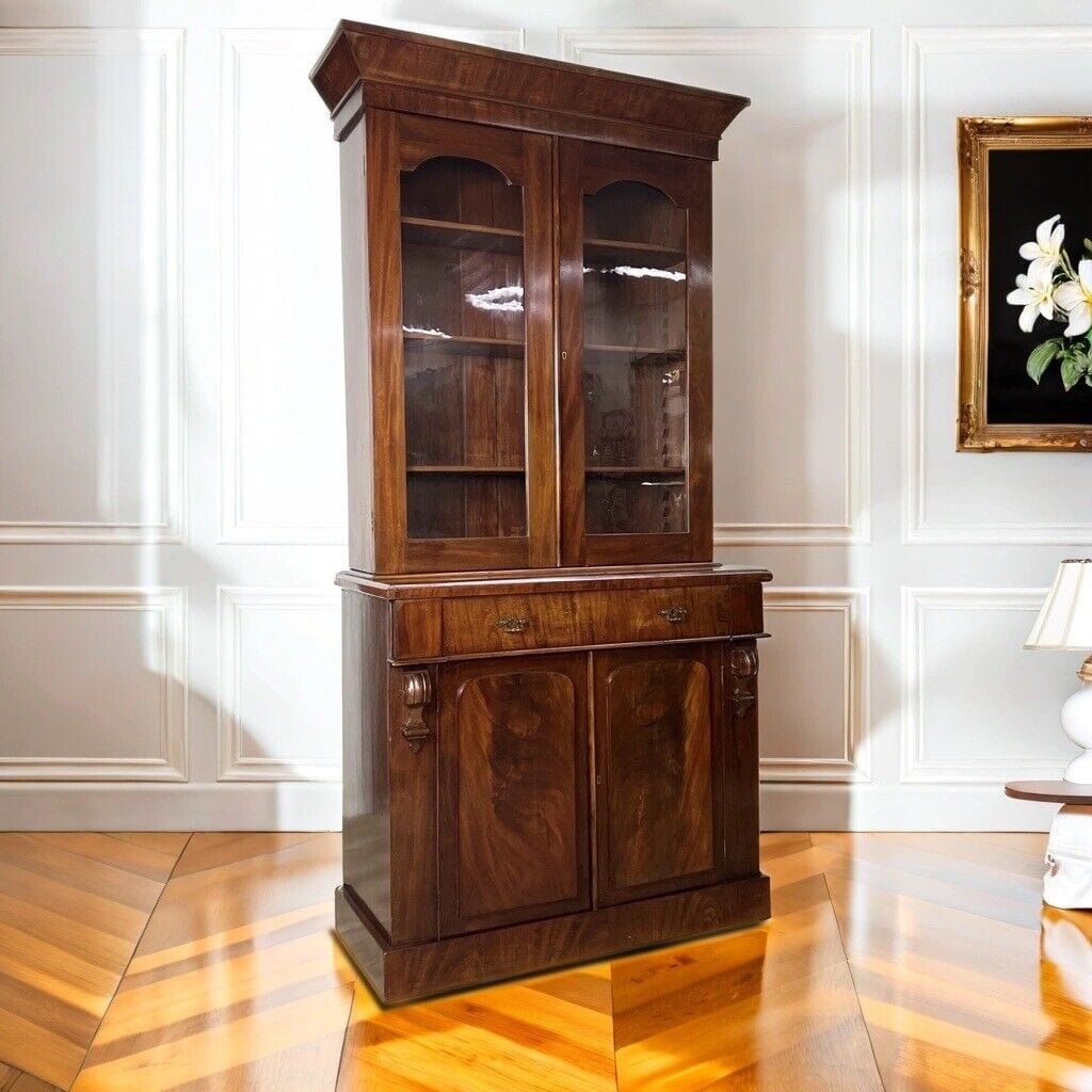 Credenza antica mobile libreria vetrina d'epoca 800 inglese in legno di mogano Categoria Vetrine
