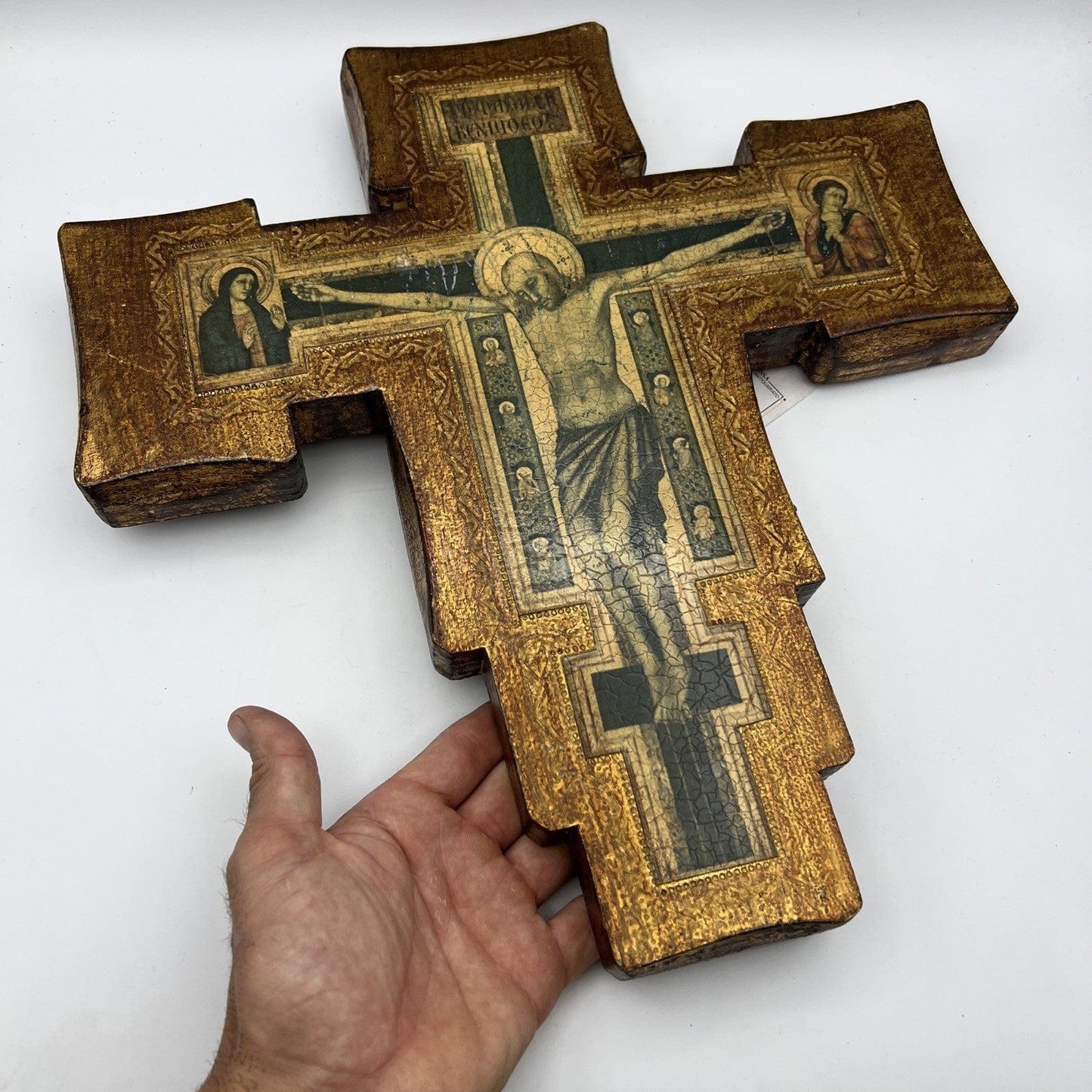 Crocifisso stile antico Icona Croce religiosa sacra in legno dorato da parete Categoria Oggetti sacri - rosari
