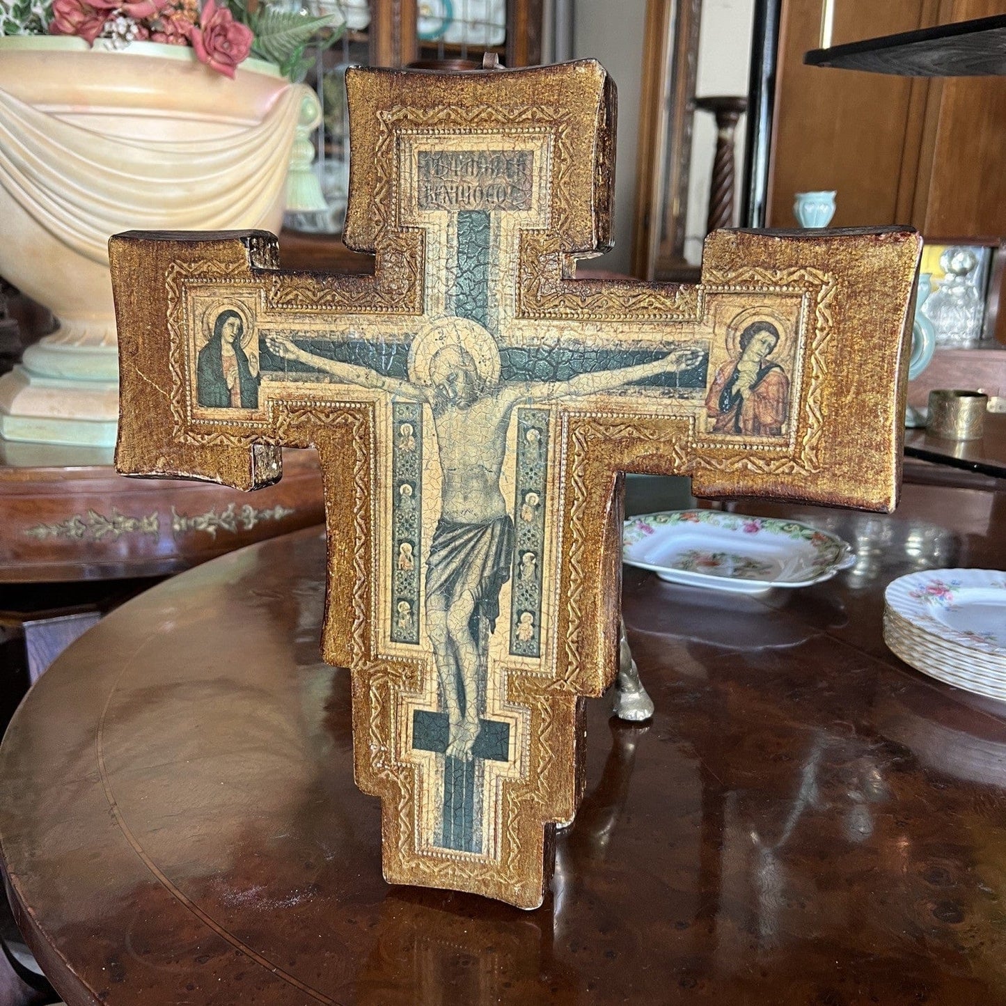 Crocifisso stile antico Icona Croce religiosa sacra in legno dorato da parete Categoria Oggetti sacri - rosari