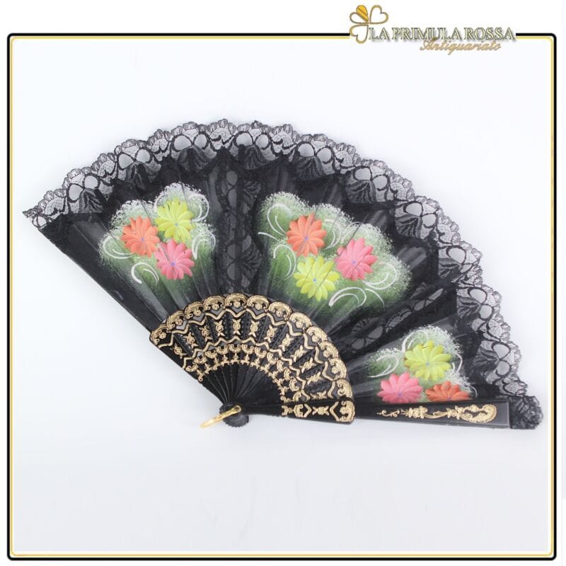 Elegante Ventaglio vintage in stoffa nero e merletto pizzo per signora ricamato Categoria Ventagli