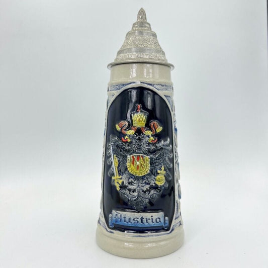 Grande Boccale da birra in ceramica Tedesco Austria vintage con coperchio peltro Categoria Boccali