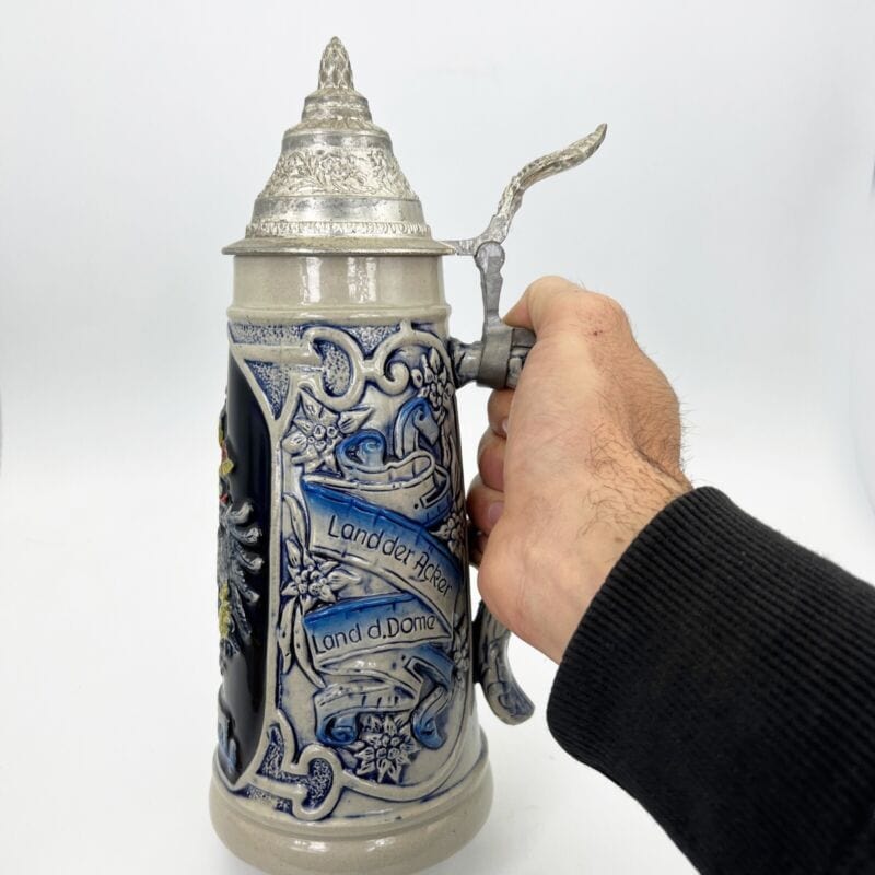 Grande Boccale da birra in ceramica Tedesco Austria vintage con coperchio peltro Categoria Boccali
