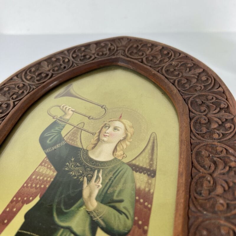 Icona antica Fiorentina stampa Angelo Suonatore Cornice in legno intagliato Categoria  Oggetti sacri - rosari