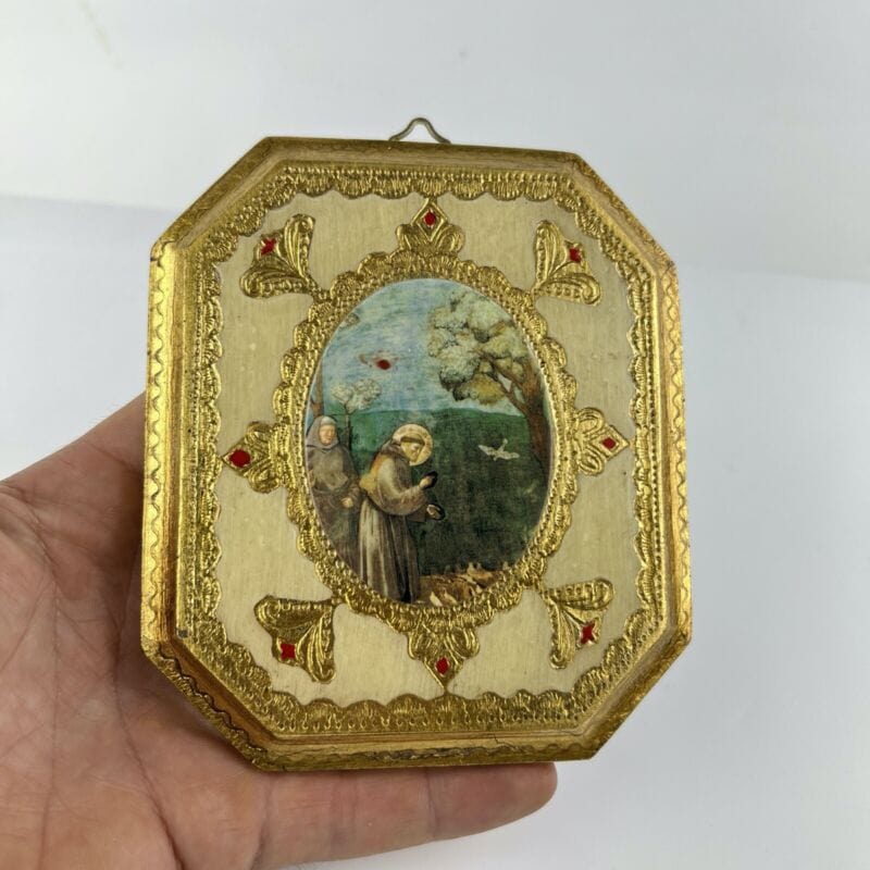 Icona antica Placca religiosa sacra in legno dorato San Francesco d'Assisi 900 Categoria  Oggetti sacri - rosari