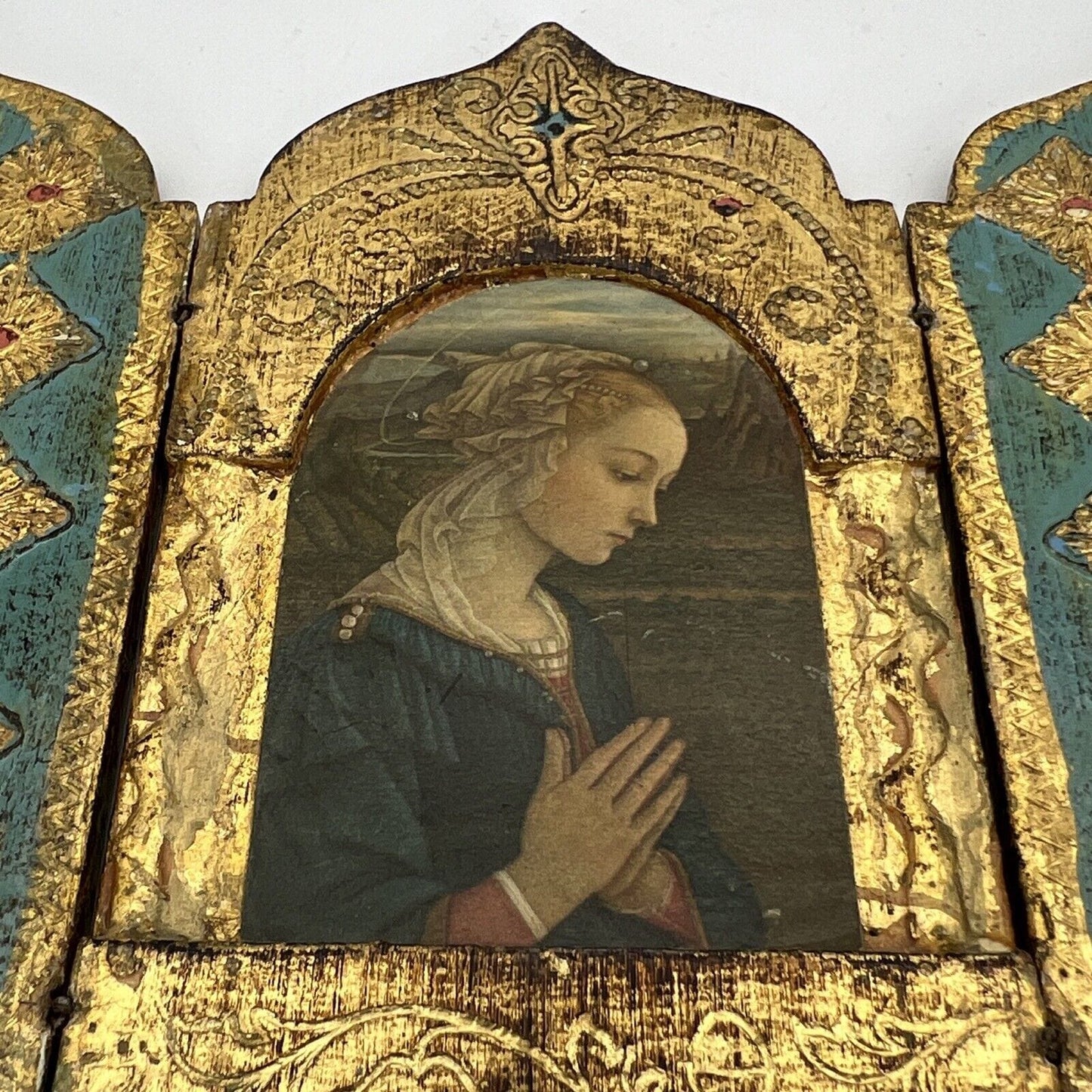 Icona antica religiosa sacra in legno dorato libro madonna delle rocce trittico Categoria Oggetti sacri - rosari