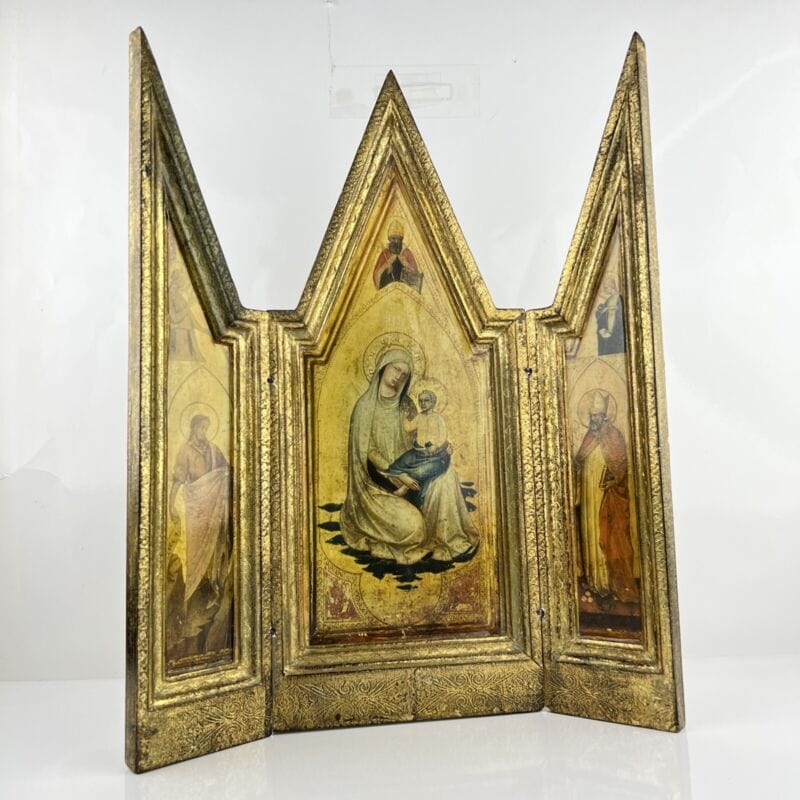 Icona antica religiosa sacra in legno dorato Madonna con il Bambino trittico Categoria Oggetti sacri - rosari
