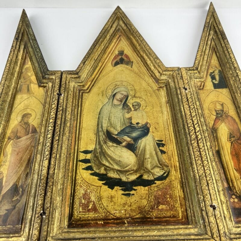 Icona antica religiosa sacra in legno dorato Madonna con il Bambino trittico Categoria Oggetti sacri - rosari