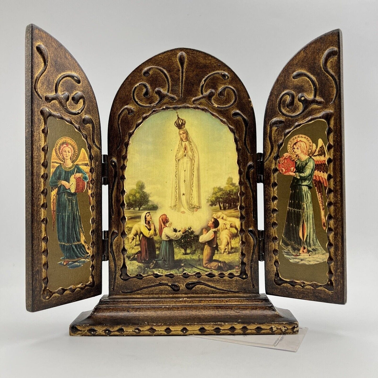 Icona antica religiosa sacra in legno dorato Madonna Fatima Trittico con Angeli Categoria Oggetti sacri - rosari