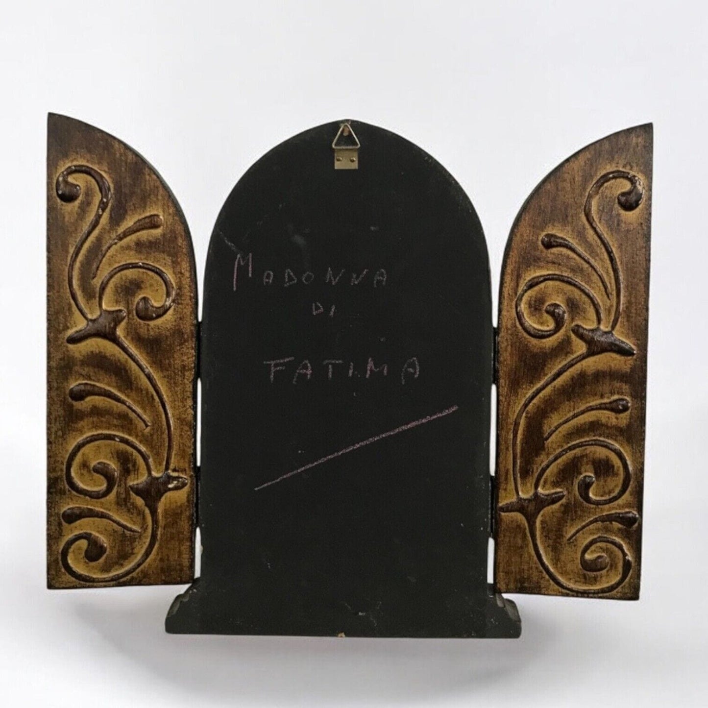 Icona antica religiosa sacra in legno dorato Madonna Fatima Trittico con Angeli Categoria Oggetti sacri - rosari
