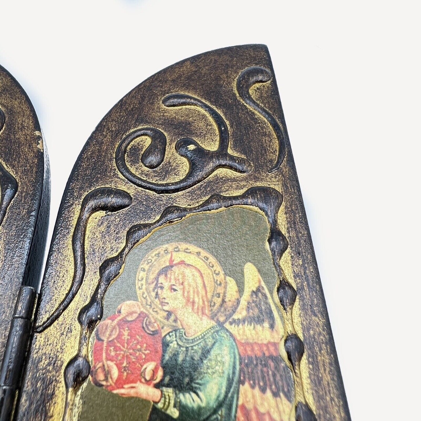 Icona antica religiosa sacra in legno dorato Madonna Fatima Trittico con Angeli Categoria Oggetti sacri - rosari