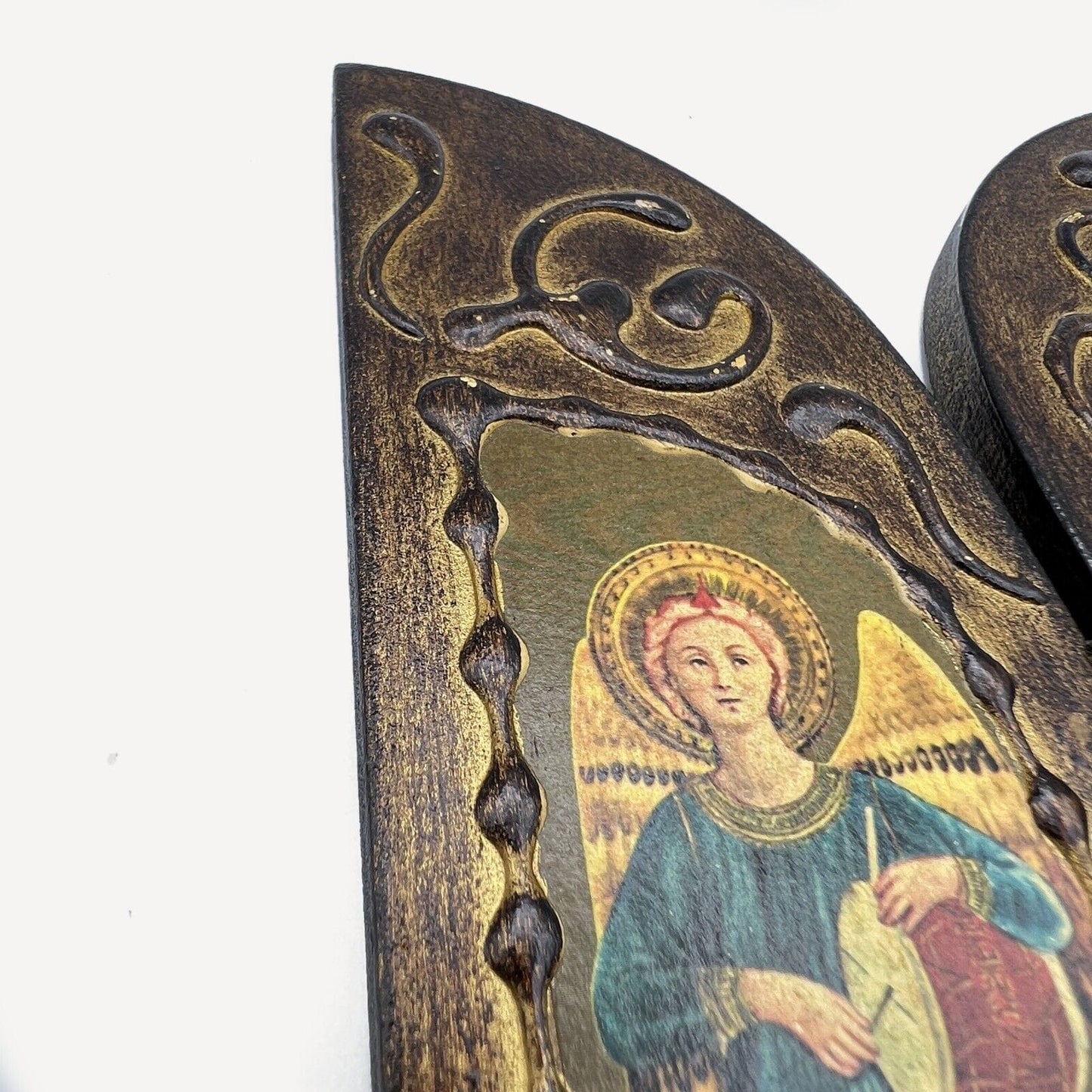 Icona antica religiosa sacra in legno dorato Madonna Fatima Trittico con Angeli Categoria Oggetti sacri - rosari