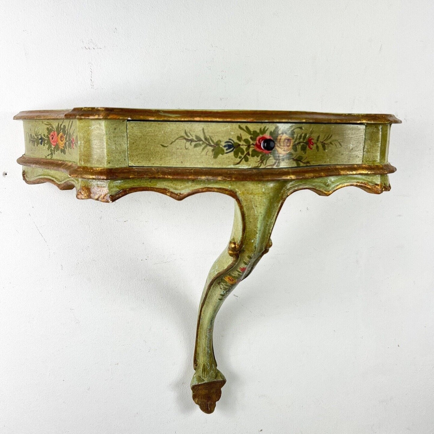 Mensola consolle antica veneziana in legno con cassetto laccata oro verde parete Categoria Mensole