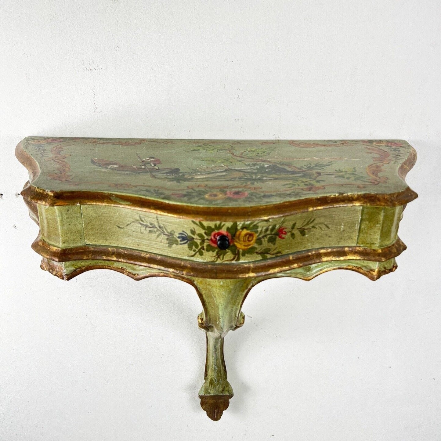 Mensola consolle antica veneziana in legno con cassetto laccata oro verde parete Categoria Mensole