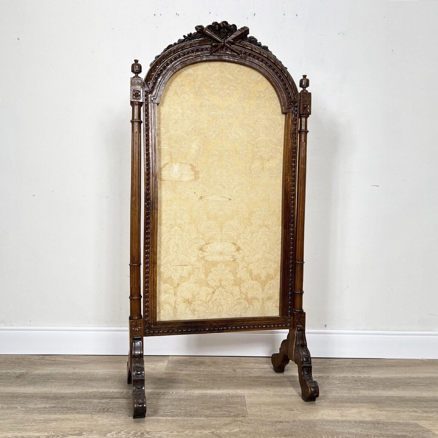 Parascintille antico per camino in legno con tessuto paravento parafuoco d epoca Categoria Camino - Parascintille