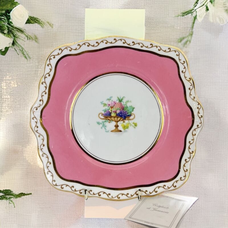Piatto antico vassoio in porcellana per dolci decorato rosa e frutta da portata Categoria Ceramiche e Porcellane