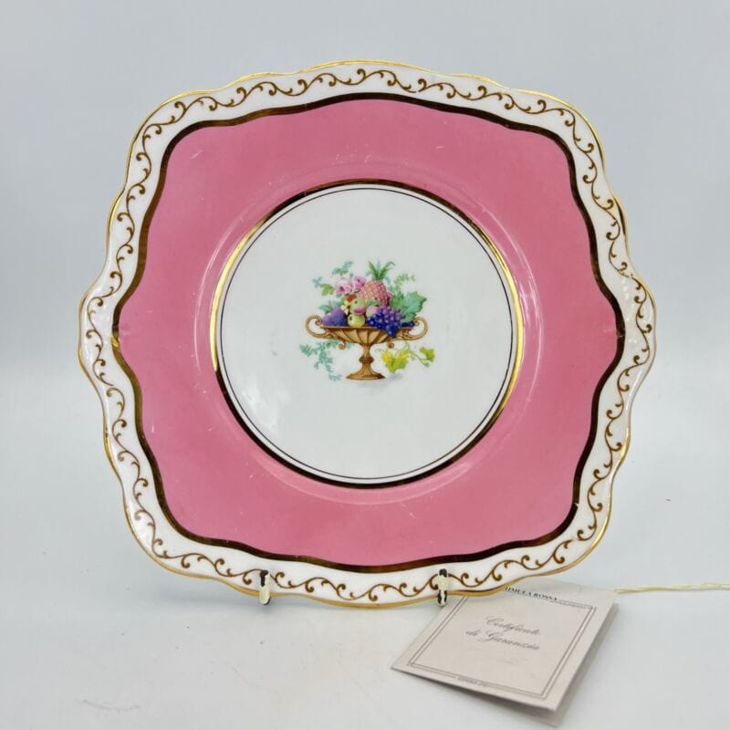 Piatto antico vassoio in porcellana per dolci decorato rosa e frutta da portata Categoria Ceramiche e Porcellane