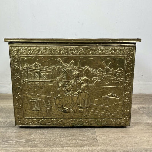 Porta carbone antico in legno ottone baule d'epoca vecchia carboniera inglese Categoria Complementi d'arredo