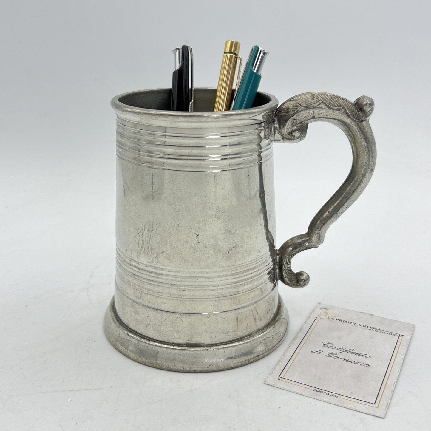 Portapenne da scrivania Antico in peltro e vetro boccale d'epoca 900 inglese Categoria Sheffield & Argento
