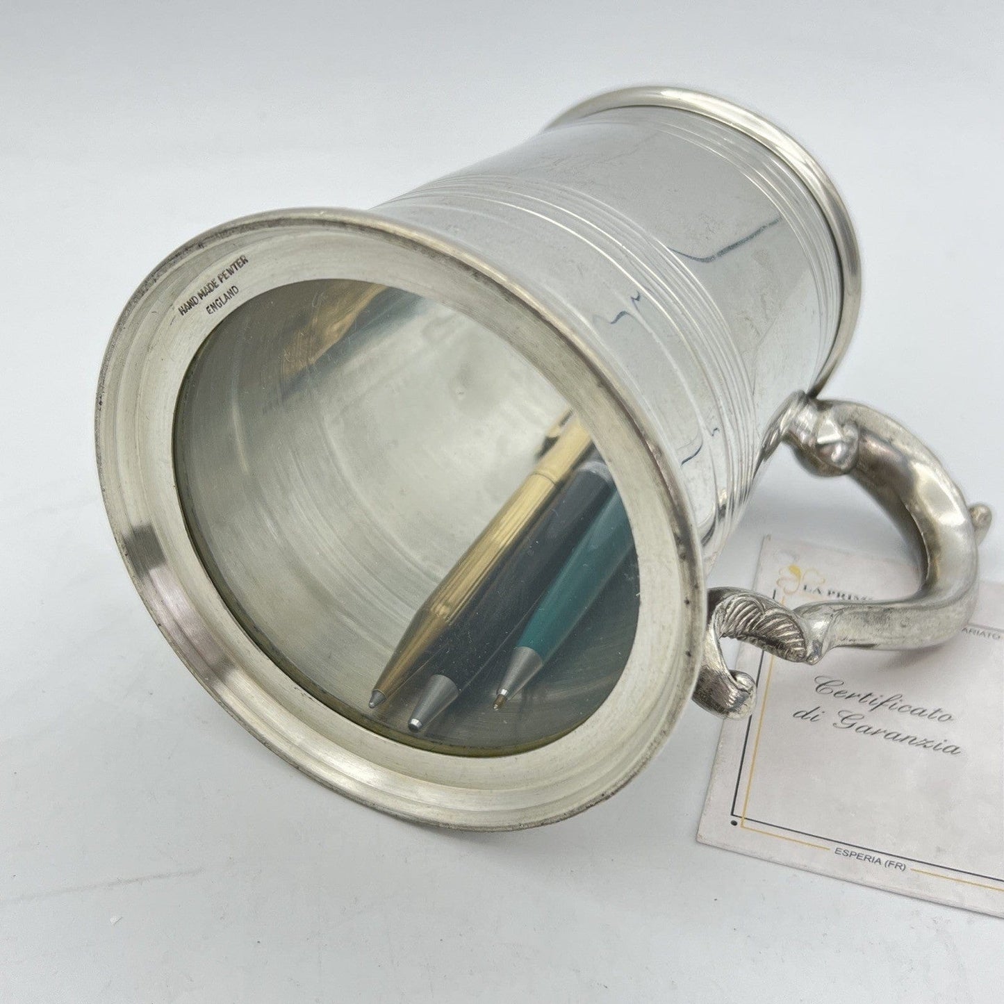 Portapenne da scrivania Antico in peltro e vetro boccale d'epoca 900 inglese Categoria Sheffield & Argento