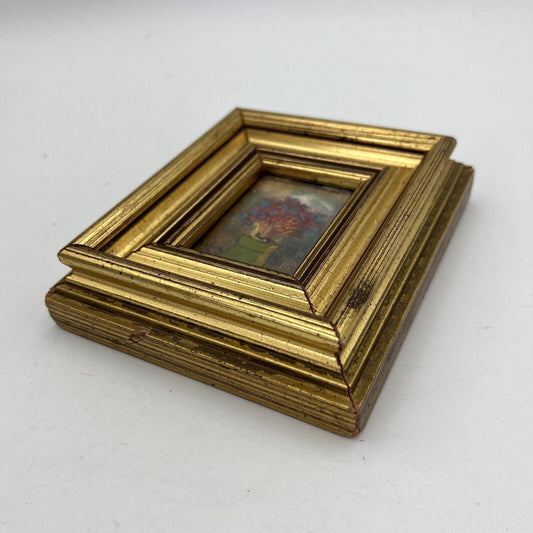 Quadretto antico miniatura ad olio dipinto di fiori cornice in legno dorato Categoria Quadri