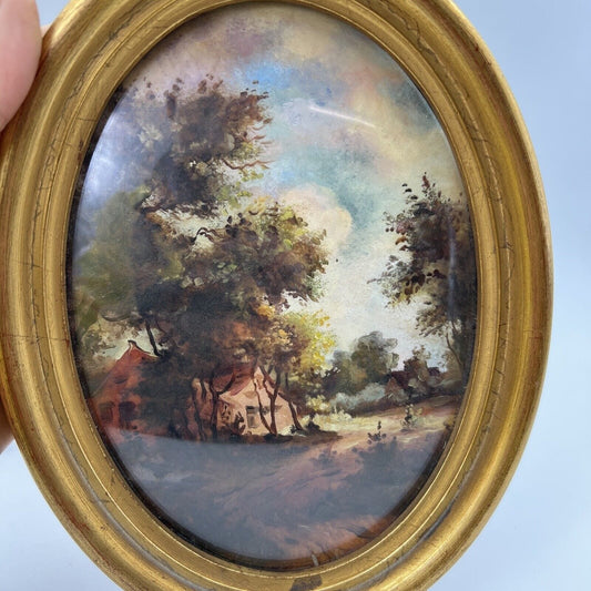 Quadretto Antico miniatura olio ovale dipinto cornice in legno oro epoca 900 Categoria Quadri