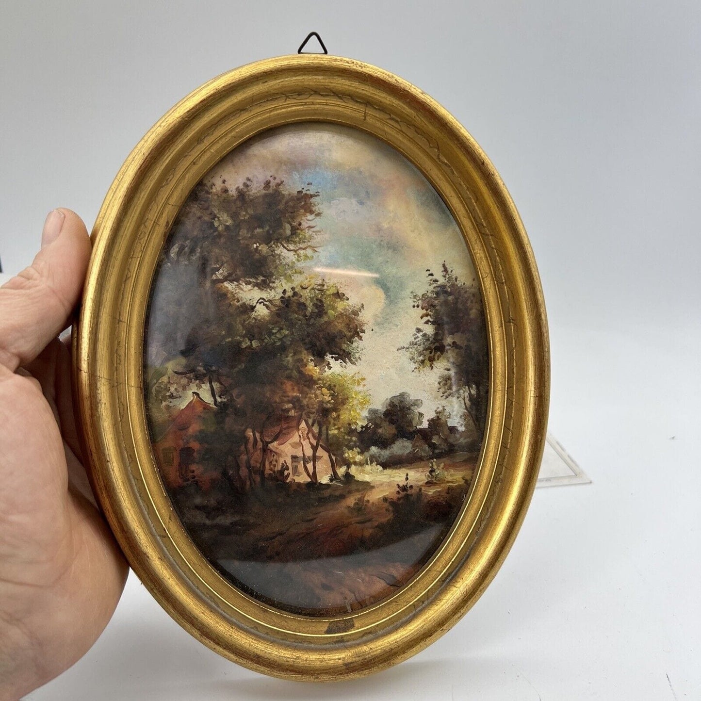 Quadretto Antico miniatura olio ovale dipinto cornice in legno oro epoca 900 Categoria Quadri