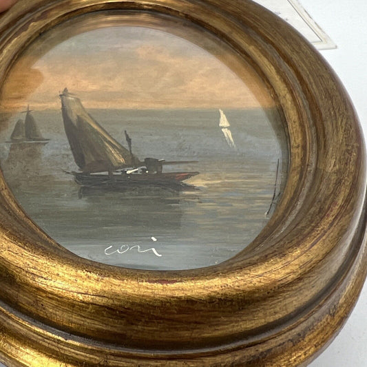 Quadretto Antico miniatura olio ovale dipinto Scena Marina cornice oro Firmato Categoria Quadri