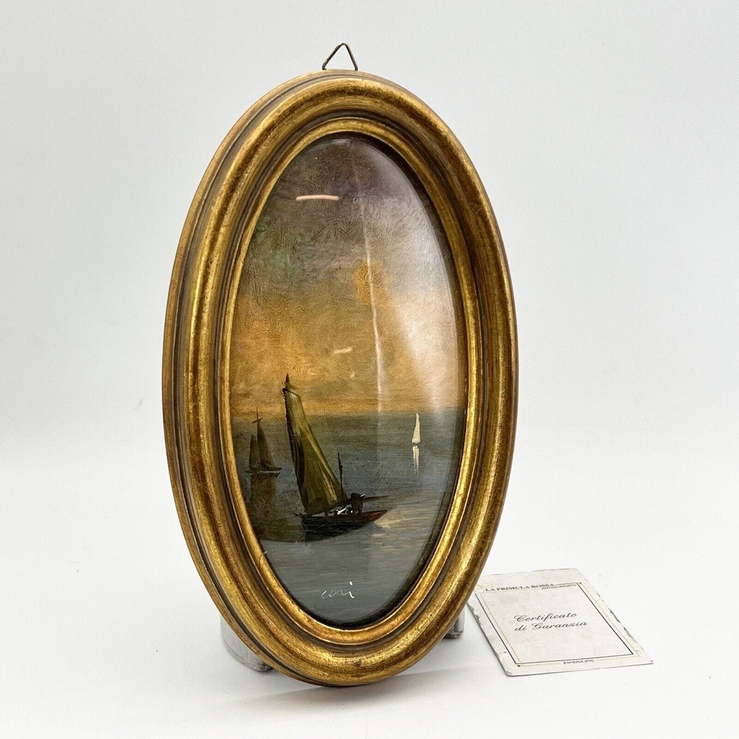 Quadretto Antico miniatura olio ovale dipinto Scena Marina cornice oro Firmato Categoria Quadri