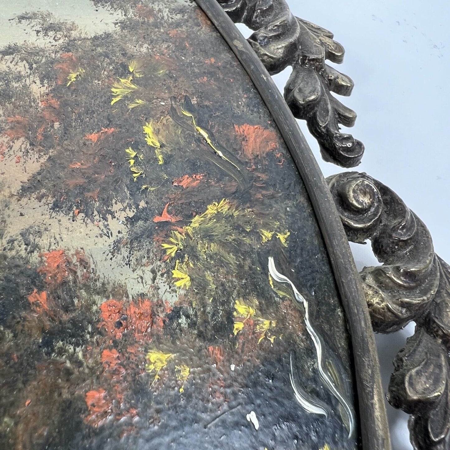Quadretto antico vintage ovale dipinto con paesaggio cornice in ottone lavorato Categoria  Quadri