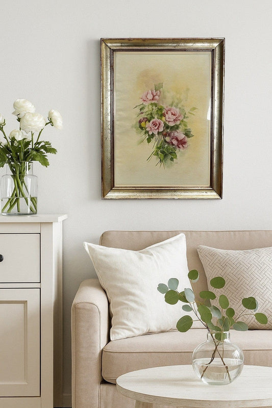 Quadro antico acquerello natura morta fiori Rose vintage shabby Cornice Argento Categoria Quadri