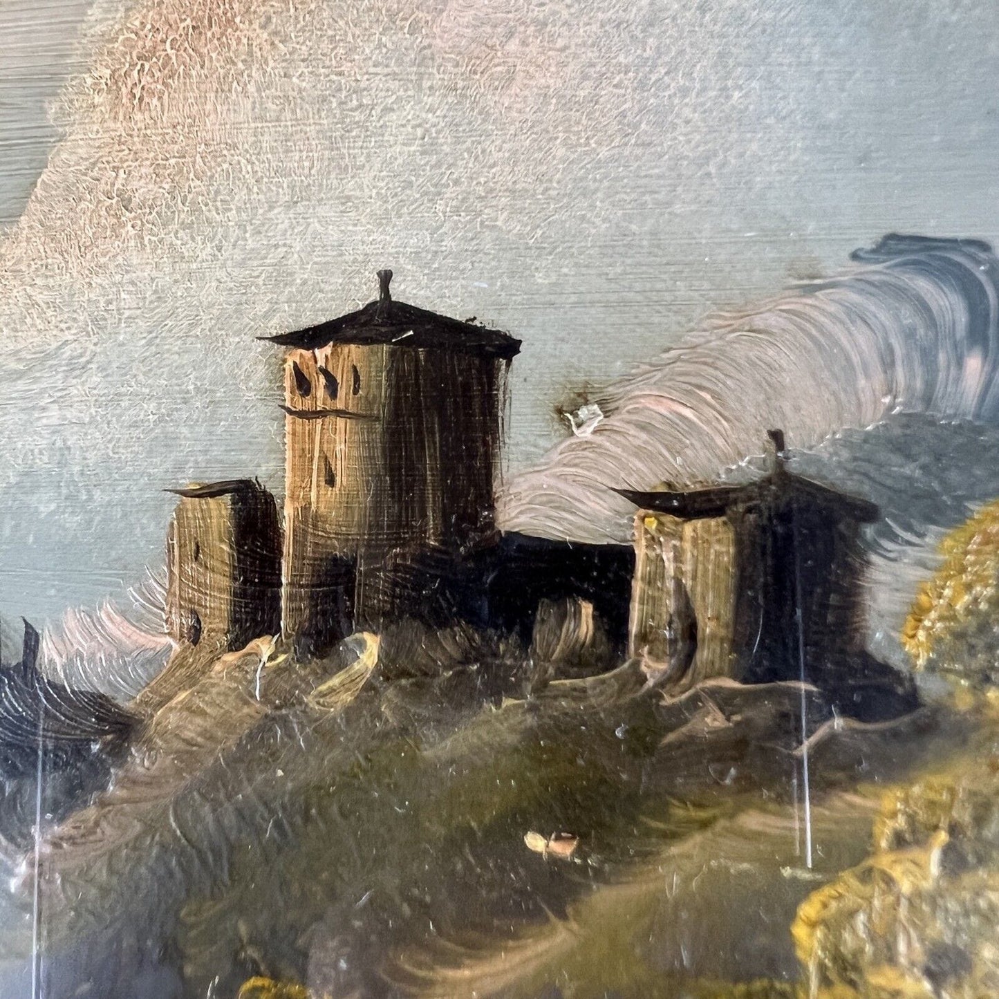 Quadro antico dipinto a olio con paesaggio cornice in legno oro stile fiorentino Categoria Quadri