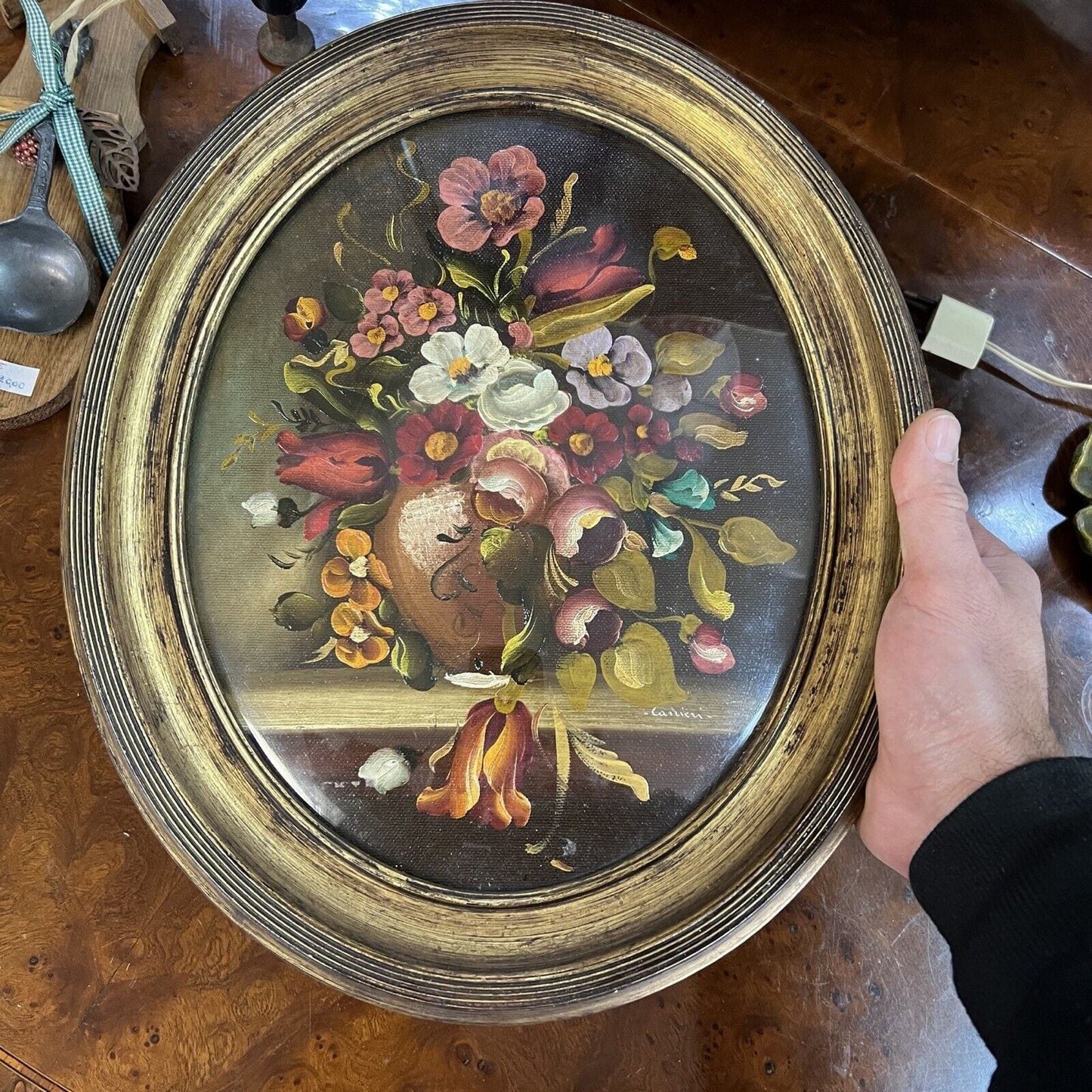 Quadro Antico Dipinto a olio firmato natura morta con fiori cornice oro ovale Categoria Quadri