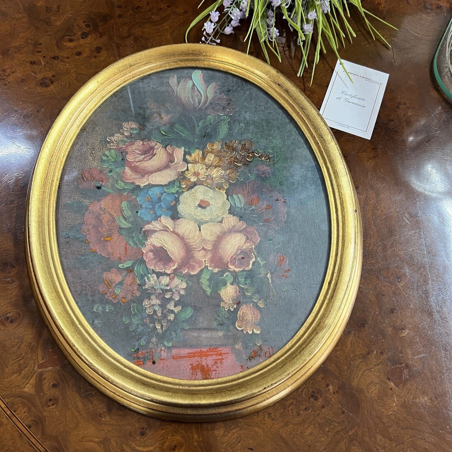 Quadro Antico Dipinto a olio natura morta con fiori cornice oro Quadretto ovale Categoria Quadri