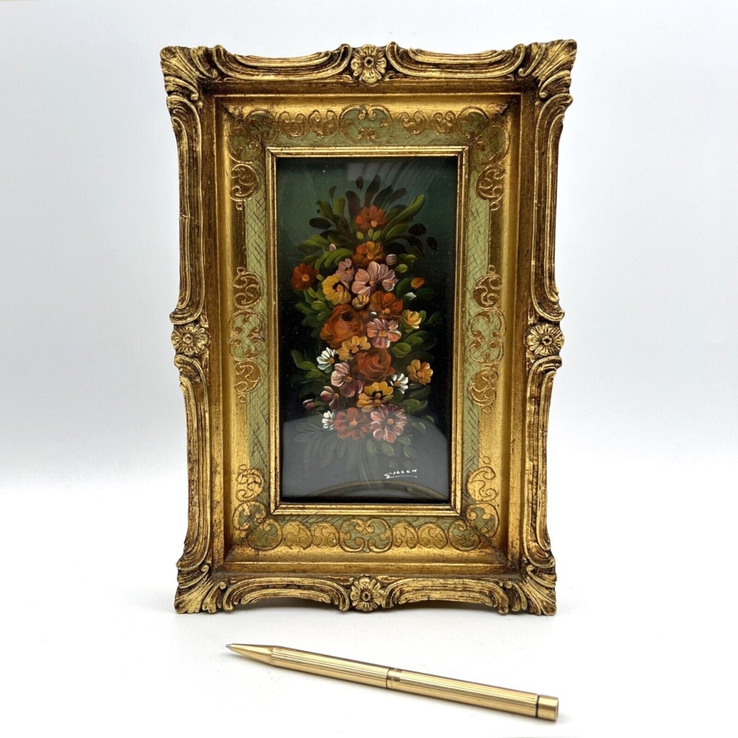 Quadro antico dipinto a olio quadretto con fiori cornice oro stile fiorentino Categoria Quadri