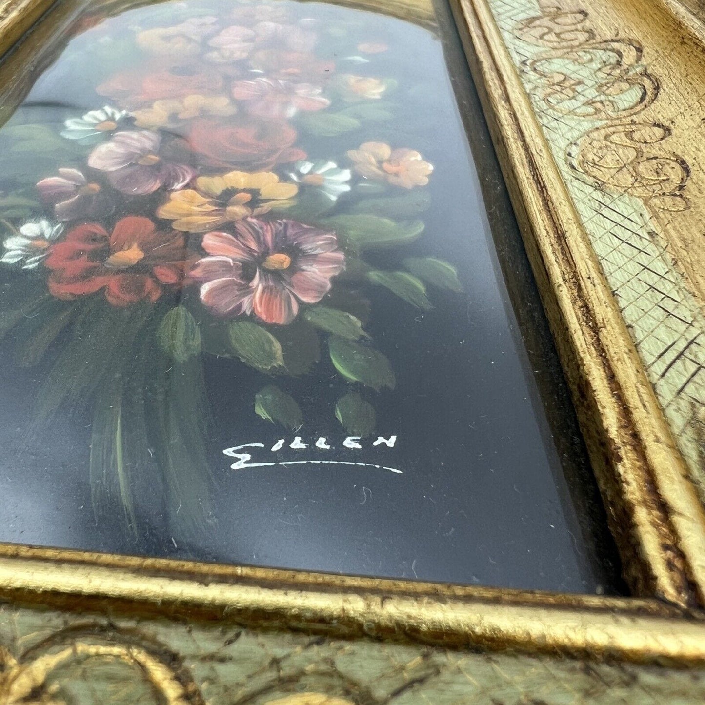 Quadro antico dipinto a olio quadretto con fiori cornice oro stile fiorentino Categoria Quadri