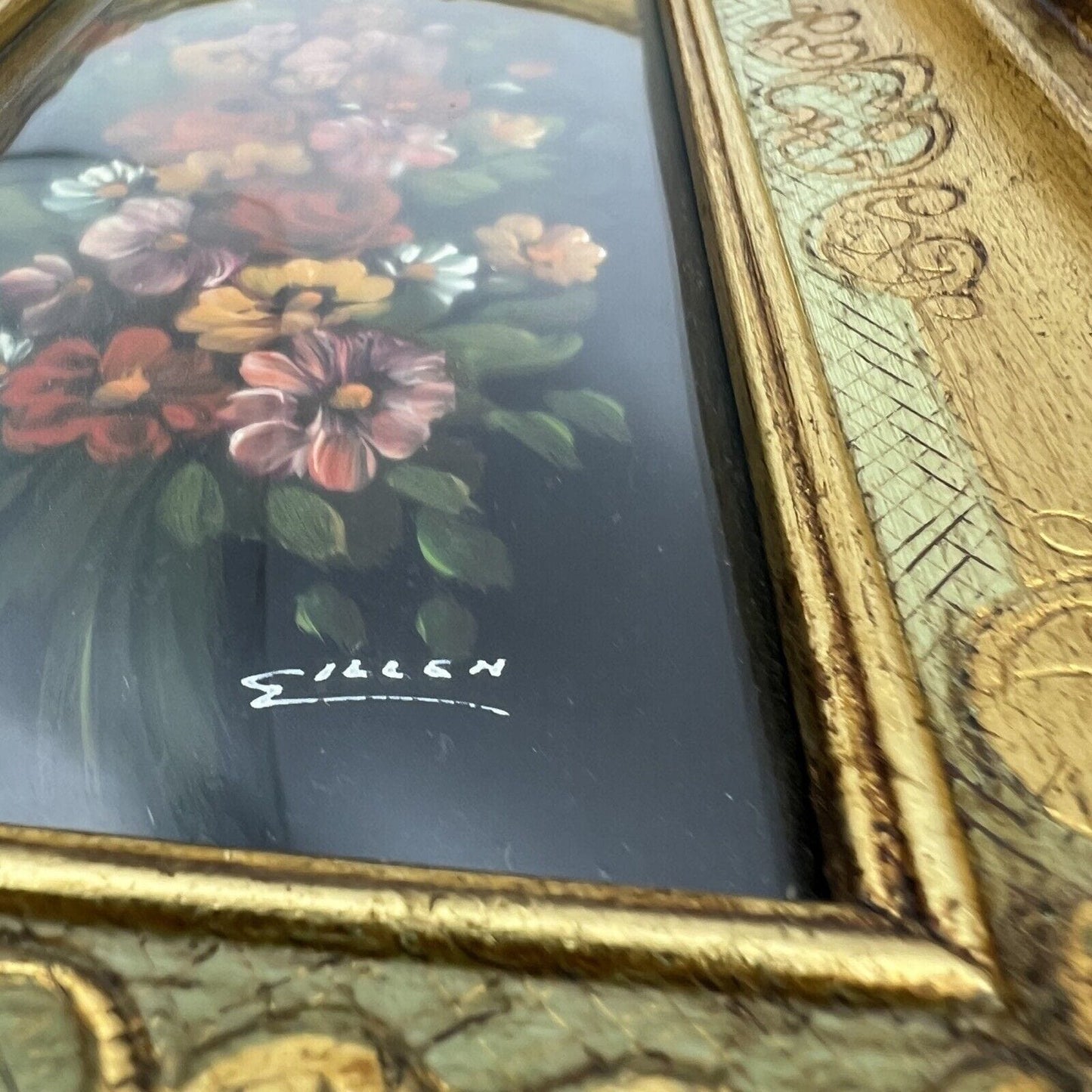 Quadro antico dipinto a olio quadretto con fiori cornice oro stile fiorentino Categoria Quadri