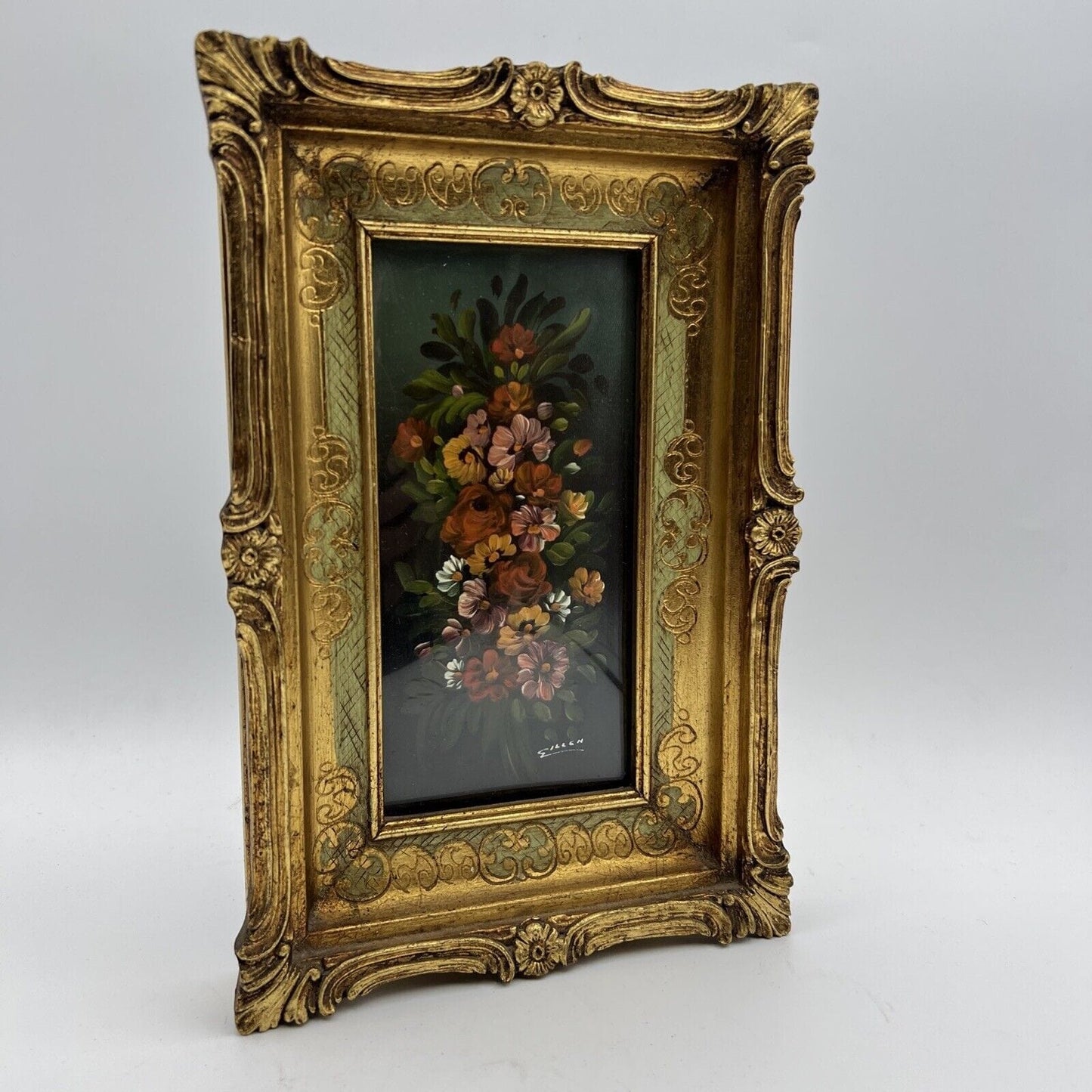Quadro antico dipinto a olio quadretto con fiori cornice oro stile fiorentino Categoria Quadri
