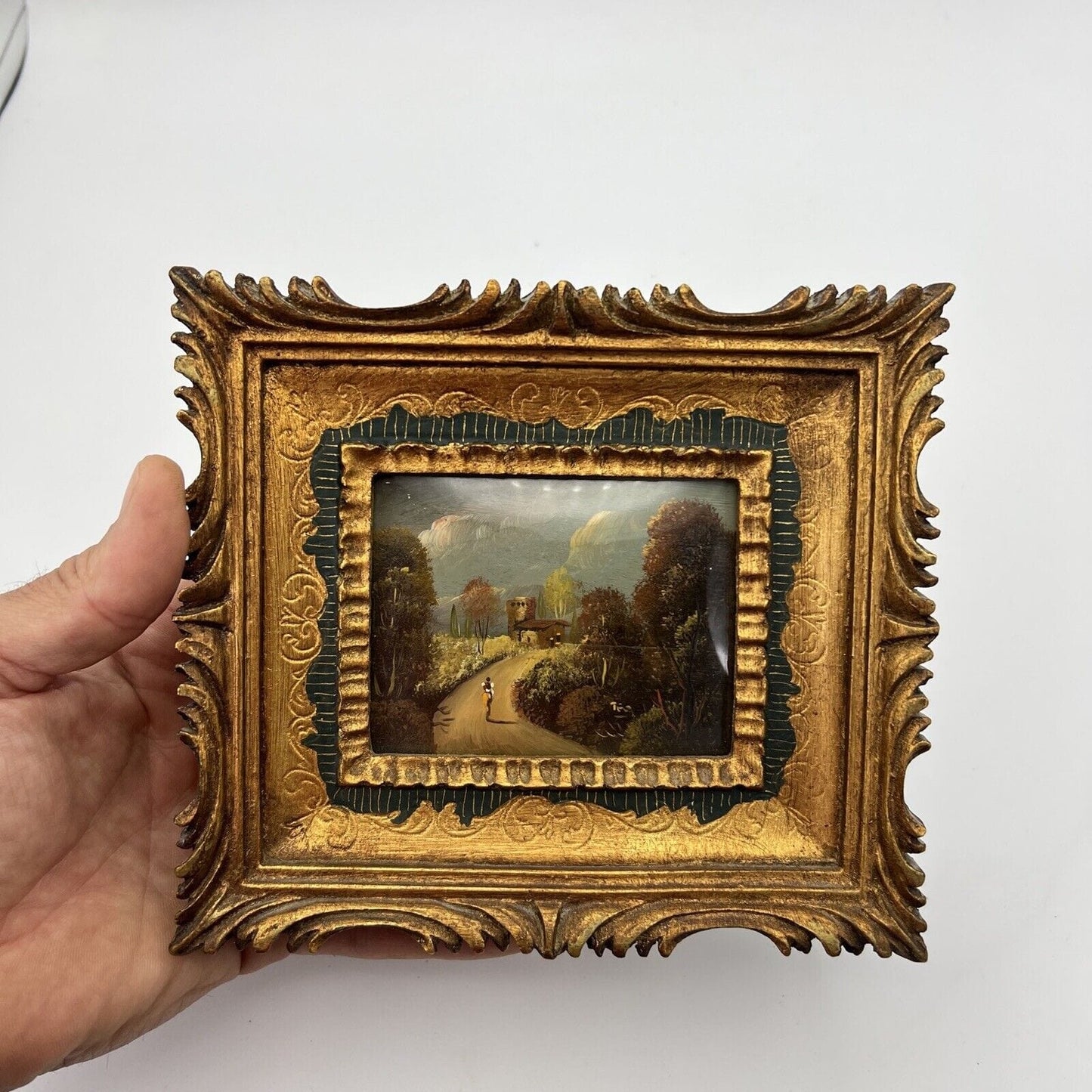 Quadro antico dipinto a olio quadretto Miniatura cornice oro stile Fiorentina Categoria Quadri