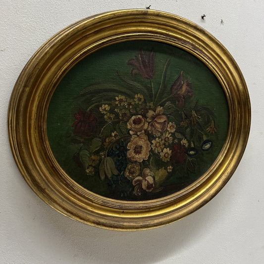 Quadro antico dipinto a olio su tavola natura morta con fiori cornice oro ovale Categoria Quadri