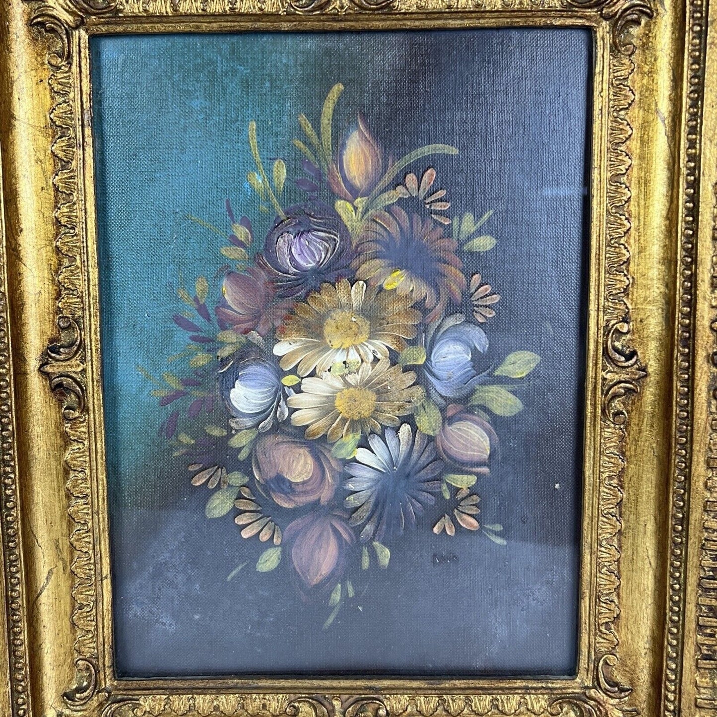 Quadro antico dipinto a olio su tavola quadretto fiori con cornice foglia oro Categoria  Quadri