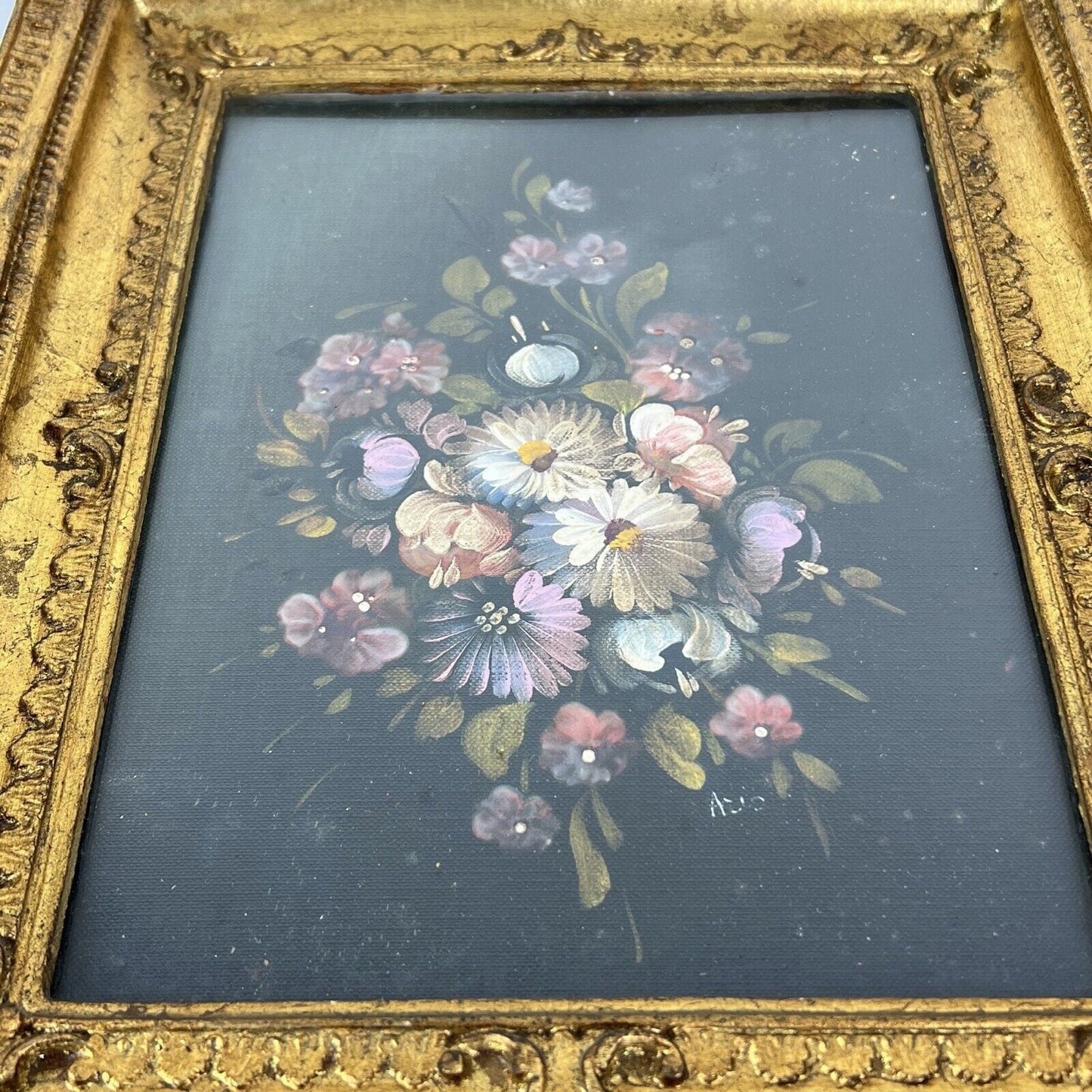 Quadro antico dipinto a olio su tavola quadretto fiori cornice oro stile barocco Categoria  Quadri